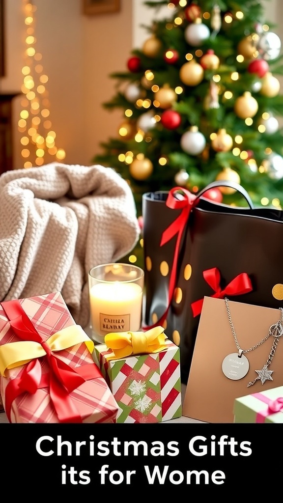 A collection of thoughtful Christmas gifts for women under $50, including a blanket, candle, tote bag, and jewelry, arranged with festive decorations.